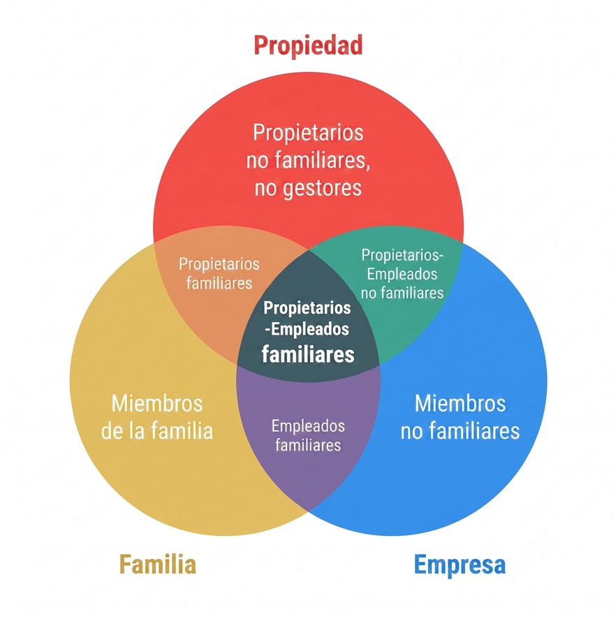 Modelo de los tres círculos: propiedad, familia y empresa, con las áreas de intersección.